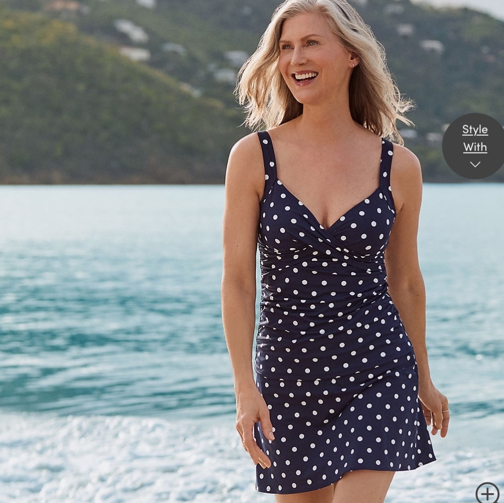 Lands End 2 Pc Navy Polka Dot Swim Suit Swim Skirt Tummy Control Plus 20W NWOT